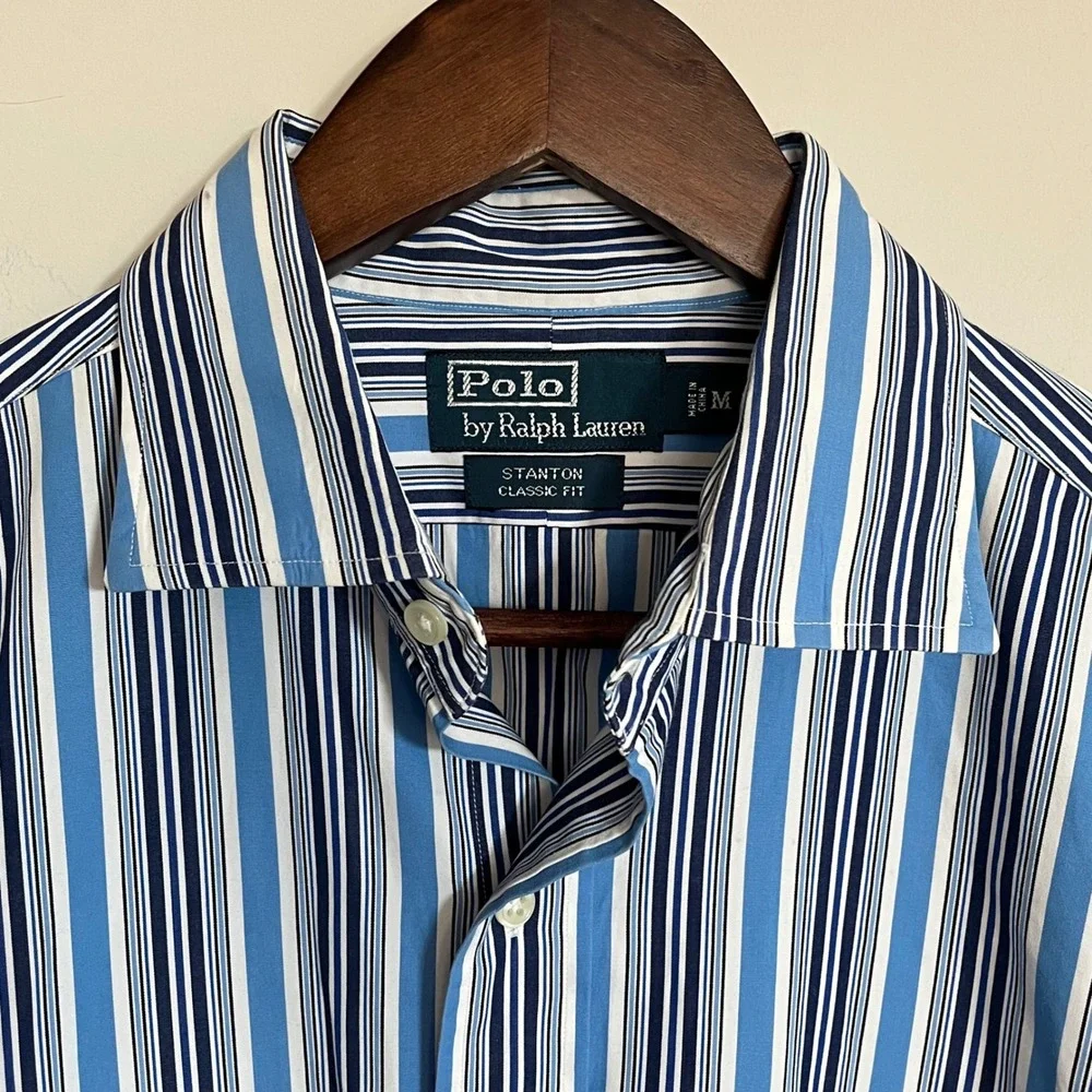 Polo Ralph Lauren Stanton Classic Fit Blue White Stripe Mens Shirt Medium